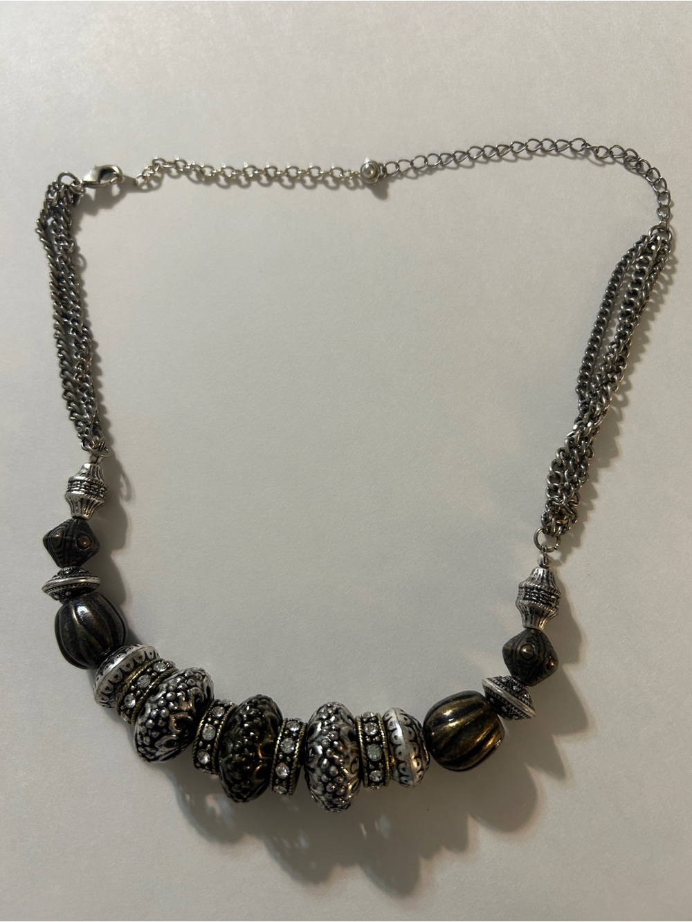 Chicos Vintage Chunky Silver Textured Bead Rhinestone Statement Necklace